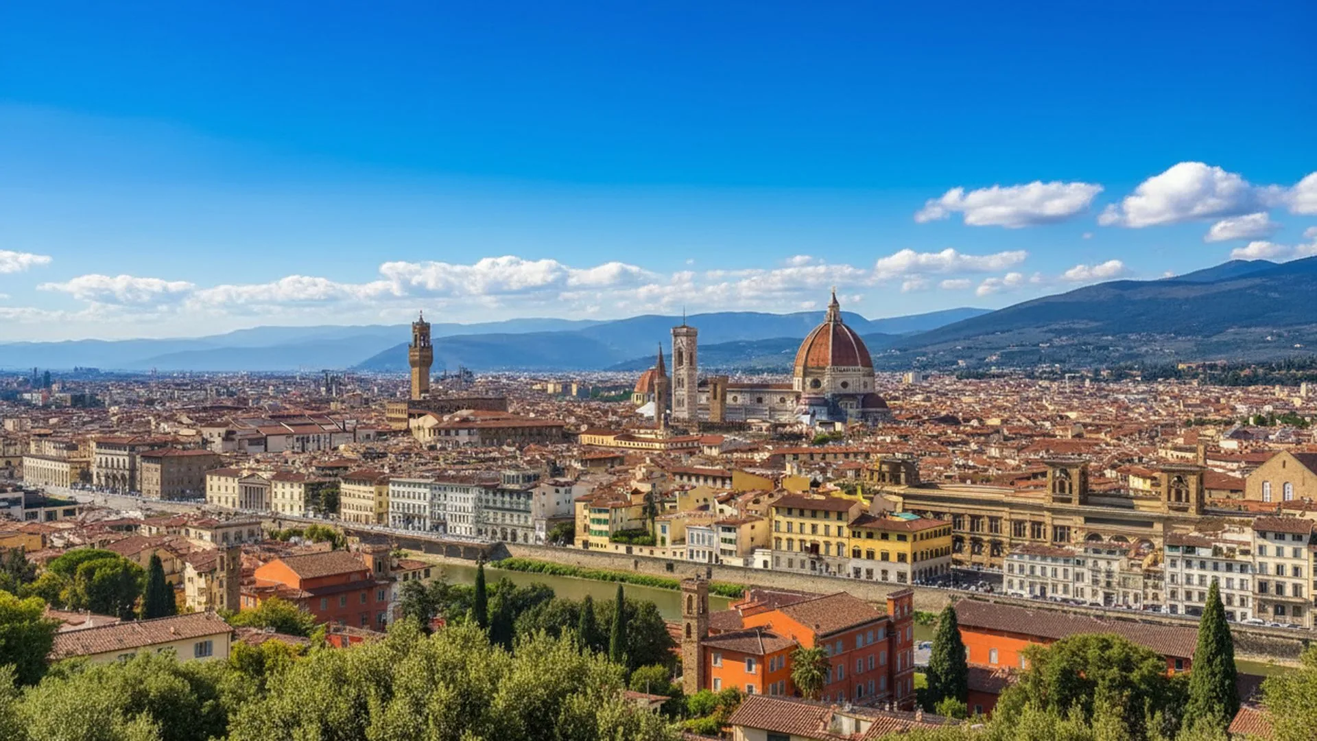 Firenze vista dall'alto con la Cupola, il campanile di Giotto e le colline sullo sfondo